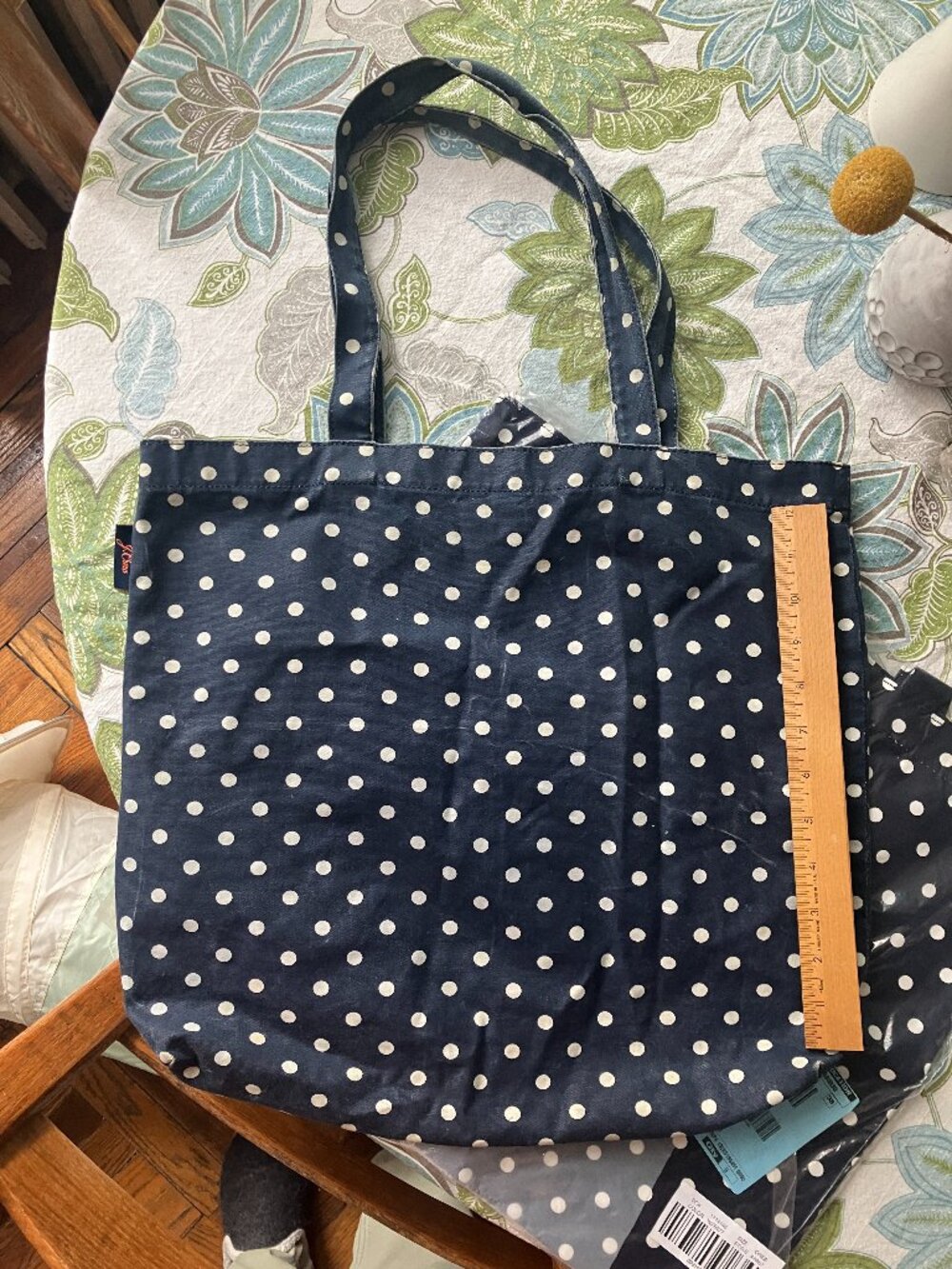 JCrew blue and white polka-dotted tote bag